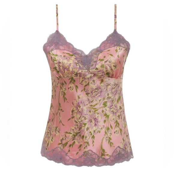 NEW Gold Hawk Floral Print Lace Silk Cami Sz L Pink Blossom Purple Lace - Picture 1 of 7